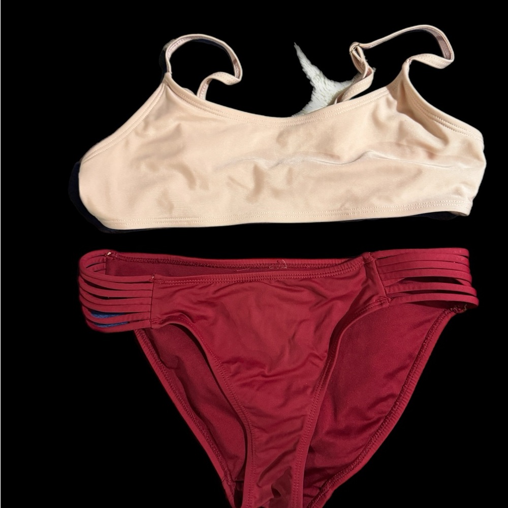 Two-Piece Bikini Set in Nude Top & Burgundy Bottom